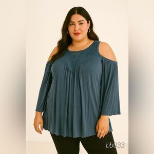 Torrid Blue Mesh Embroidered Cold‑Shoulder Blouse ✨ Floral Detail | 2X